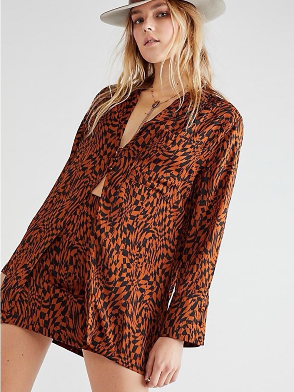 FREE PEOPLE Beatrice Rust & Black Abstract Print Long Sleeve Tunic Top Size 4